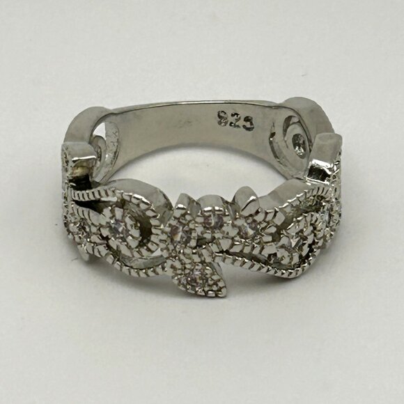 Sterling Silver 925 Wide Band Filigree Ring Clear CZ Accents Size 7 - Picture 10 of 10